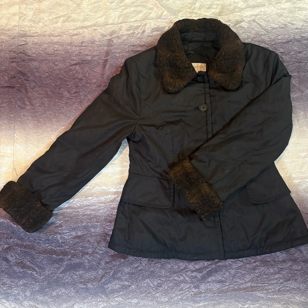 Jones New York Black Teddy Jacket with Fox Fur Trim
